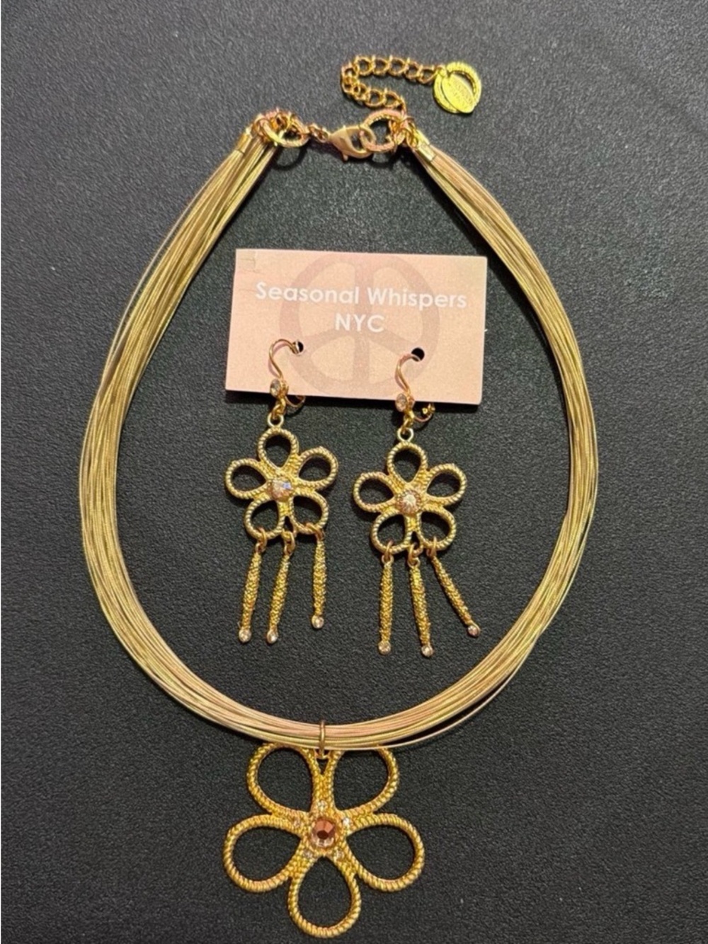 Seasonal Whispers NYC Gold Flower Pendant Necklace with Matching Earrings - Picture 3 of 12